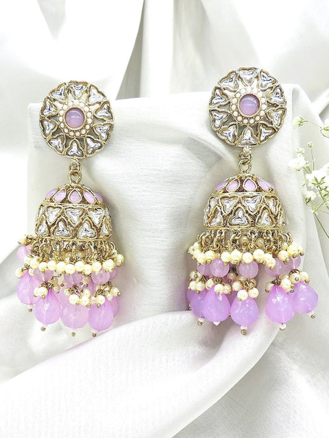Kundan jhumka earrings with lavender beads – Indian Kundan lavender jhumka USA – Joyrias