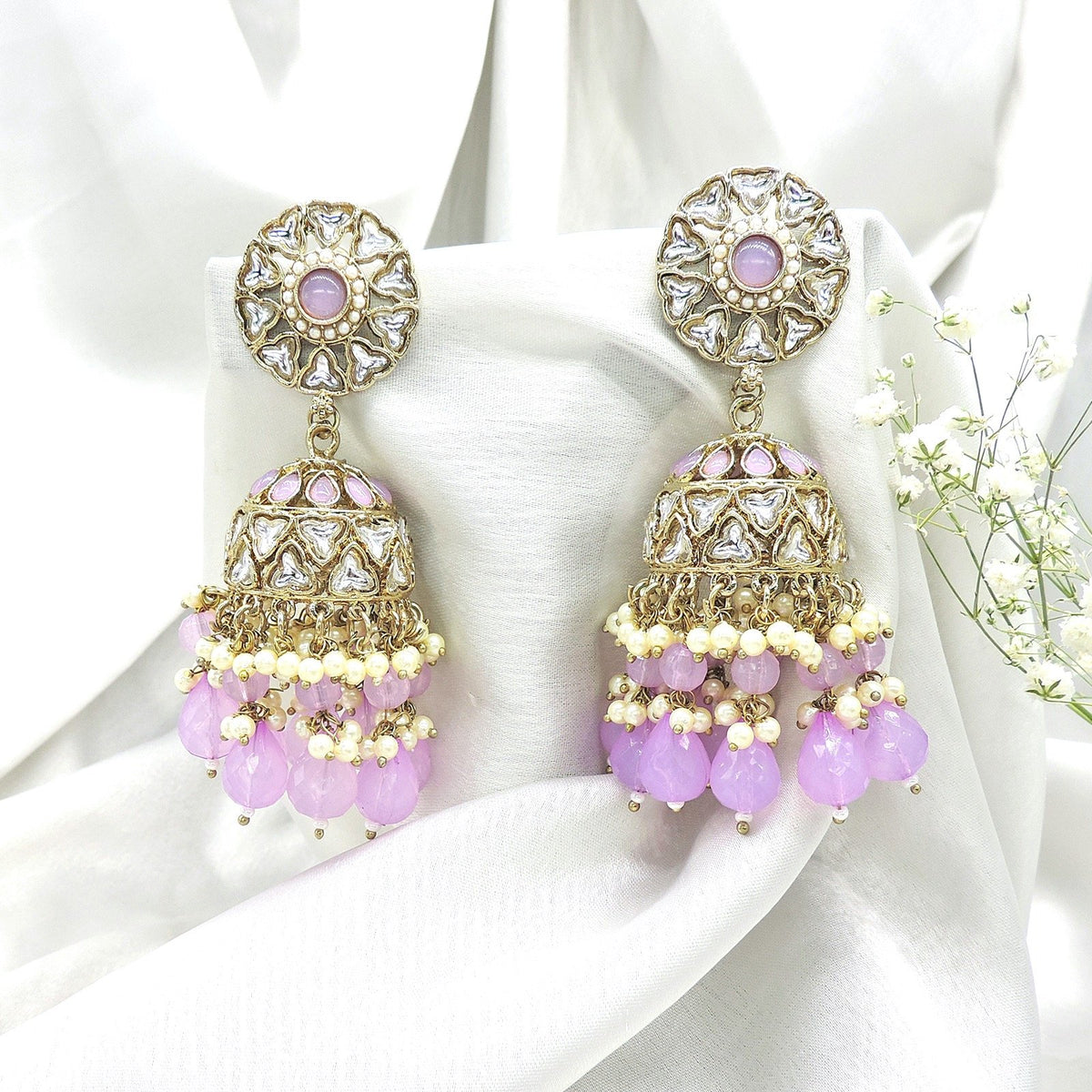 Kundan jhumka earrings with lavender beads – Indian Kundan lavender jhumka USA – Joyrias
