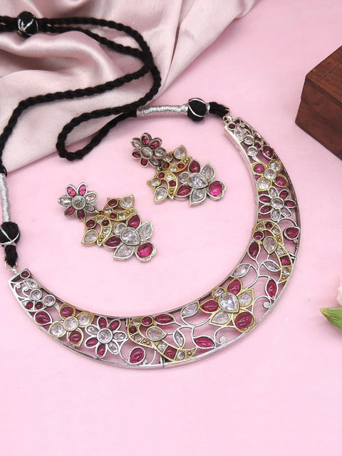 Silver floral ruby stone necklace set pink variant – Indian festive necklace USA – Joyrias