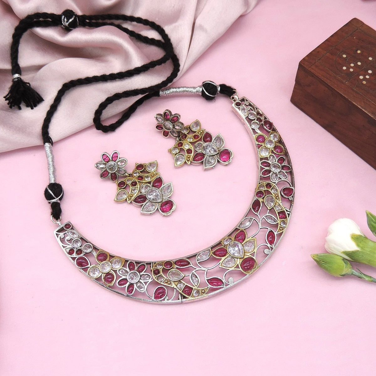 Silver Look-Alike Floral Ruby Stone Necklace Set Image 0