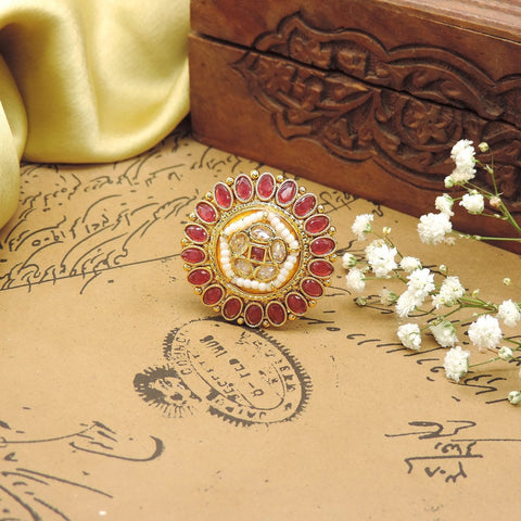 Round AD Kundan Cocktail Ring with Red Accents Image 0