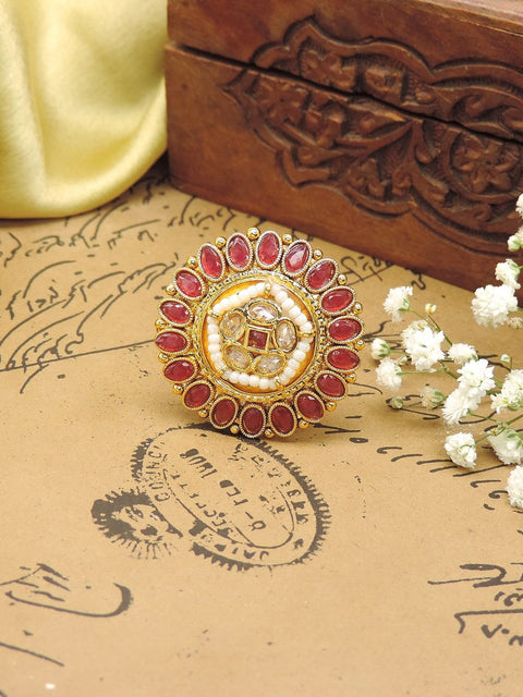 Round AD Kundan cocktail ring with red accents – Indian statement ring USA – Joyrias