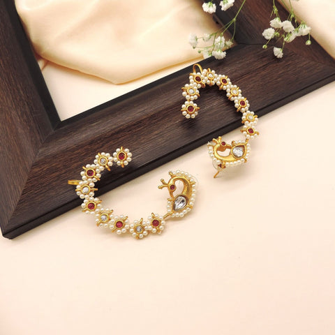 Gold-Plated Pearl & Ruby Floral Ear Cuffs | Traditional Indian Jewelry Image 0