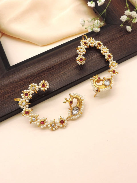 Gold plated pearl and ruby floral ear cuffs – traditional Indian jewelry USA – Joyrias