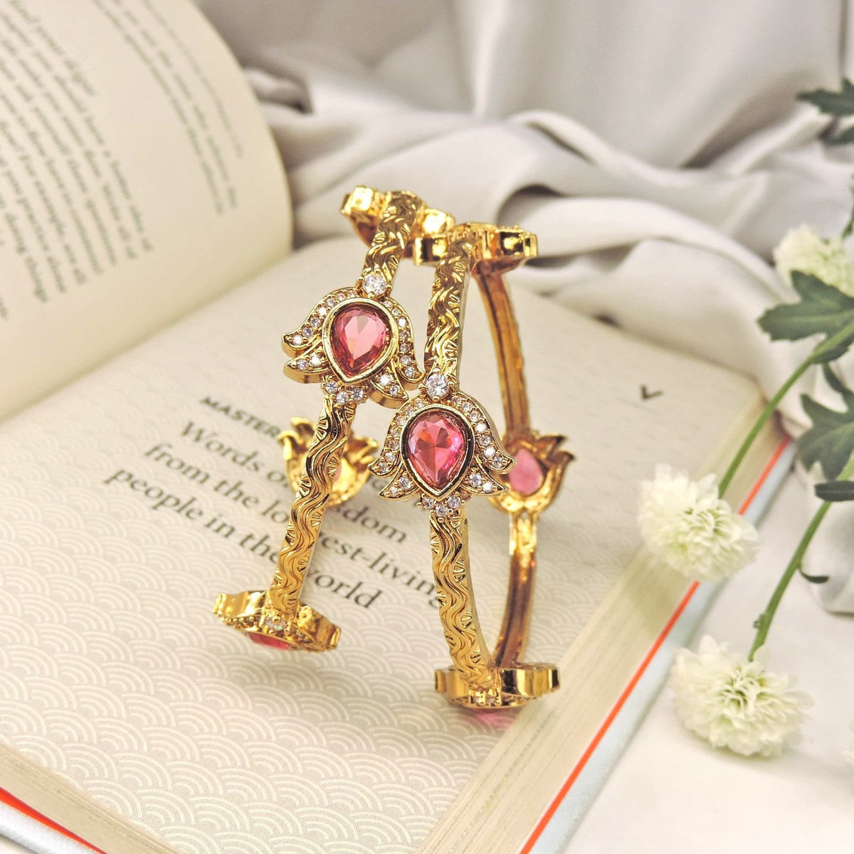 Lotus design pink stone bangles – Indian lotus bangles for festive wear USA – Joyrias