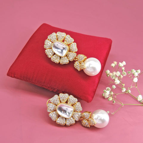 Kundan floral stud earrings with pearl drops – Indian Kundan stud earrings USA – Joyrias