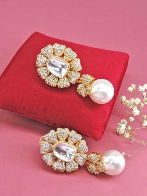 Kundan floral stud earrings with pearl drops – Indian Kundan stud earrings USA – Joyrias