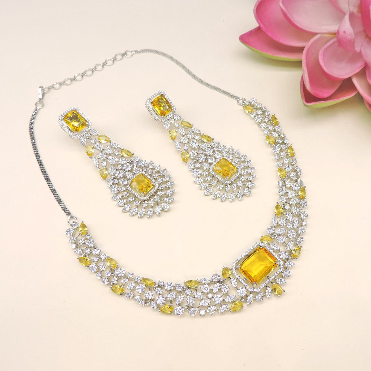 Premium CZ with yellow doublet necklace set – Indian yellow doublet necklace USA – Joyrias
