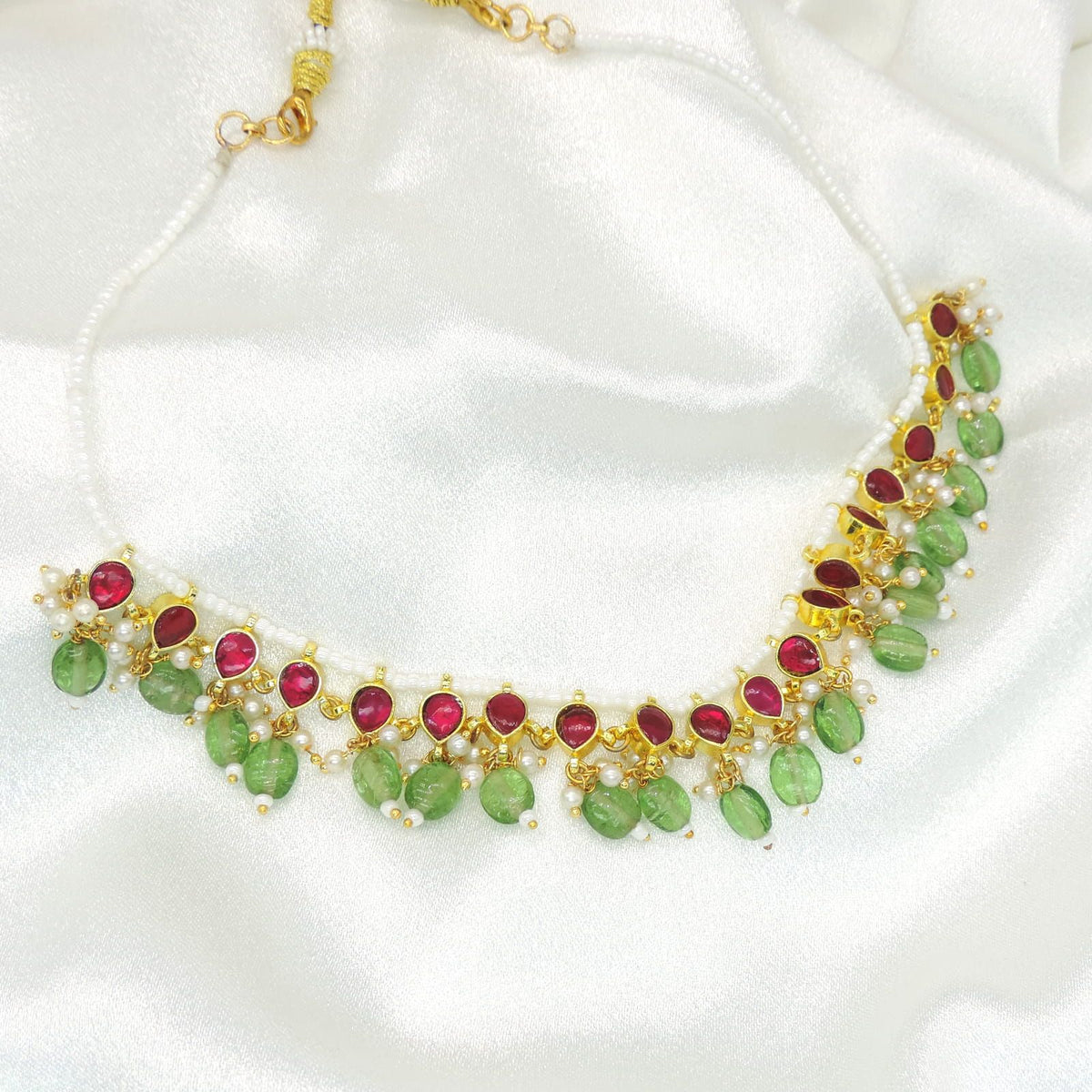 Elegant Ruby & Green Beaded Choker Necklace