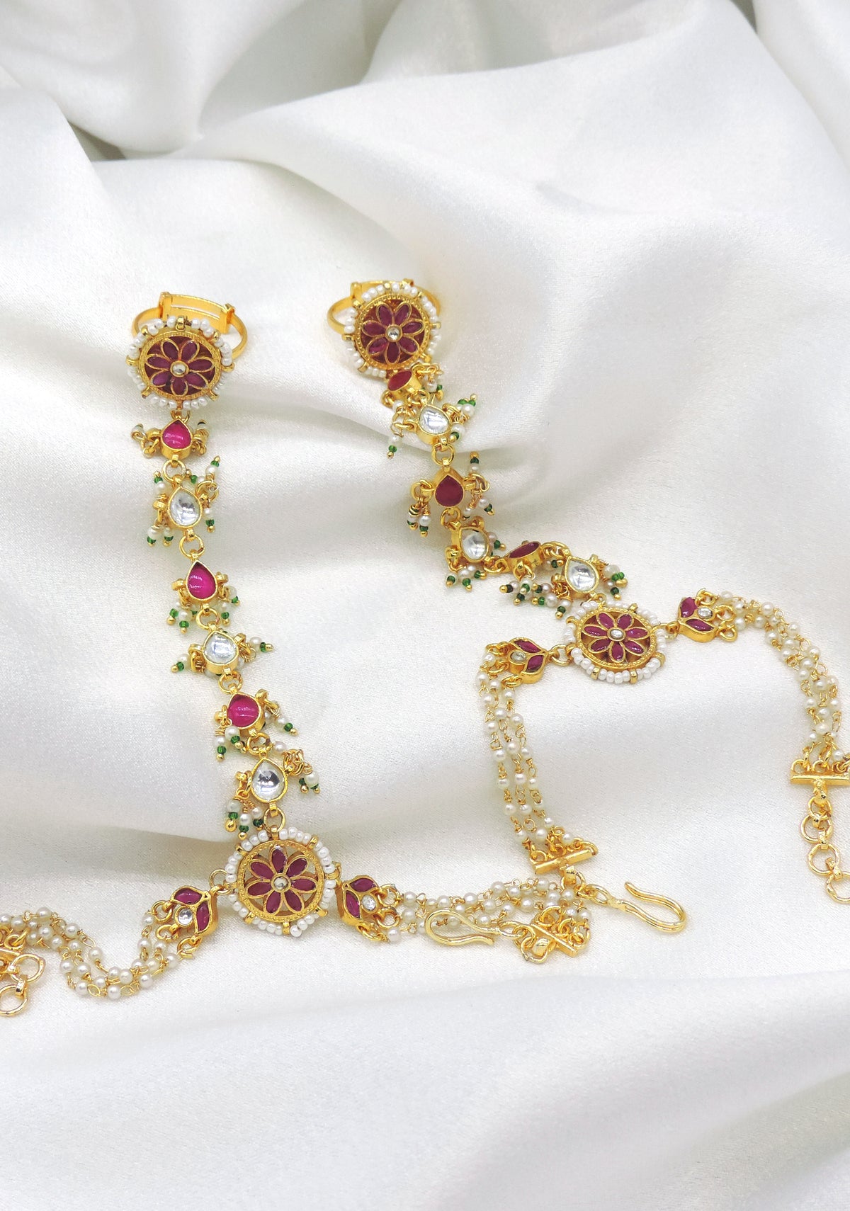 Maroon Pearl Kundan Hathphool