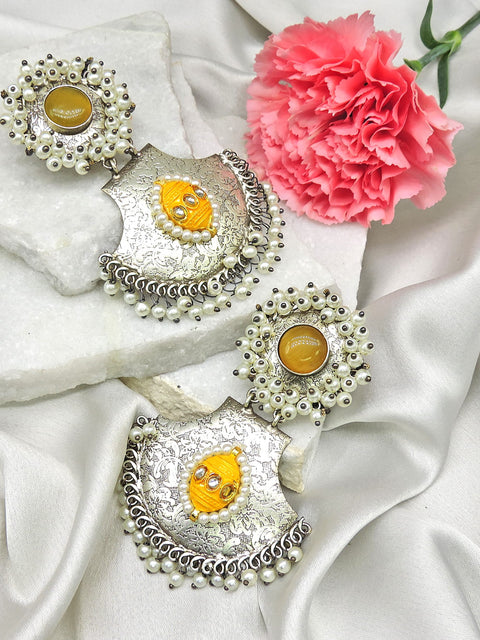Yellow stone classic silver tone drop earrings – Indian ethnic earrings for festive wear – Joyrias