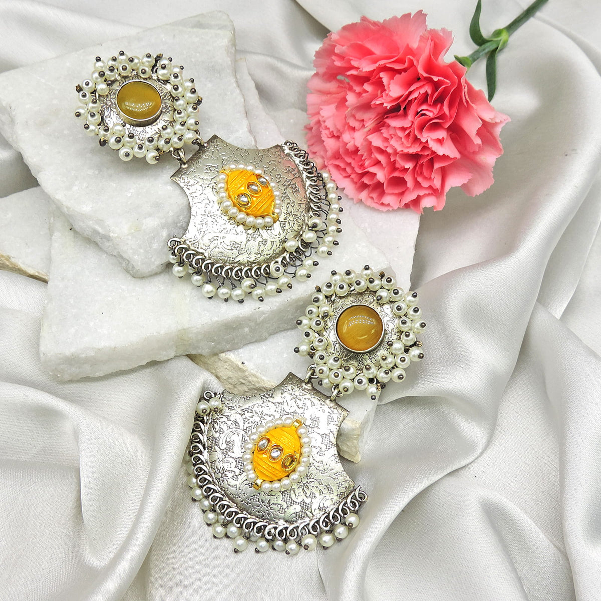 Yellow stone classic silver tone drop earrings – Indian ethnic earrings for festive wear – Joyrias