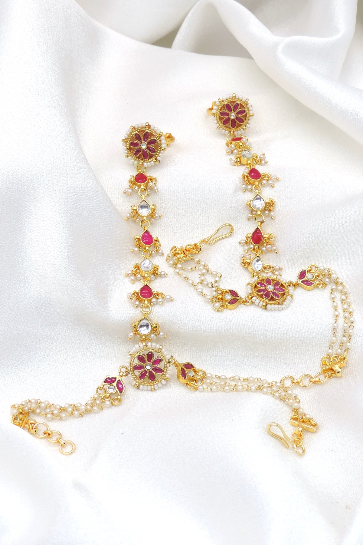Maroon Pearl Kundan Hathphool