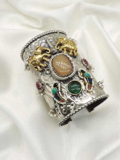 Boho Elephant Cuff Bracelet | Tribal Dual Tone Statement Kada