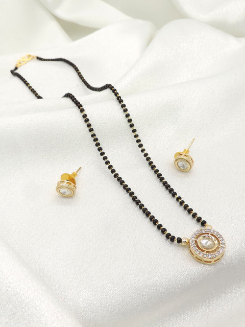 Elegant Kundan Mangalsutra Set with CZ Halo Pendant | Gold Finish Necklace