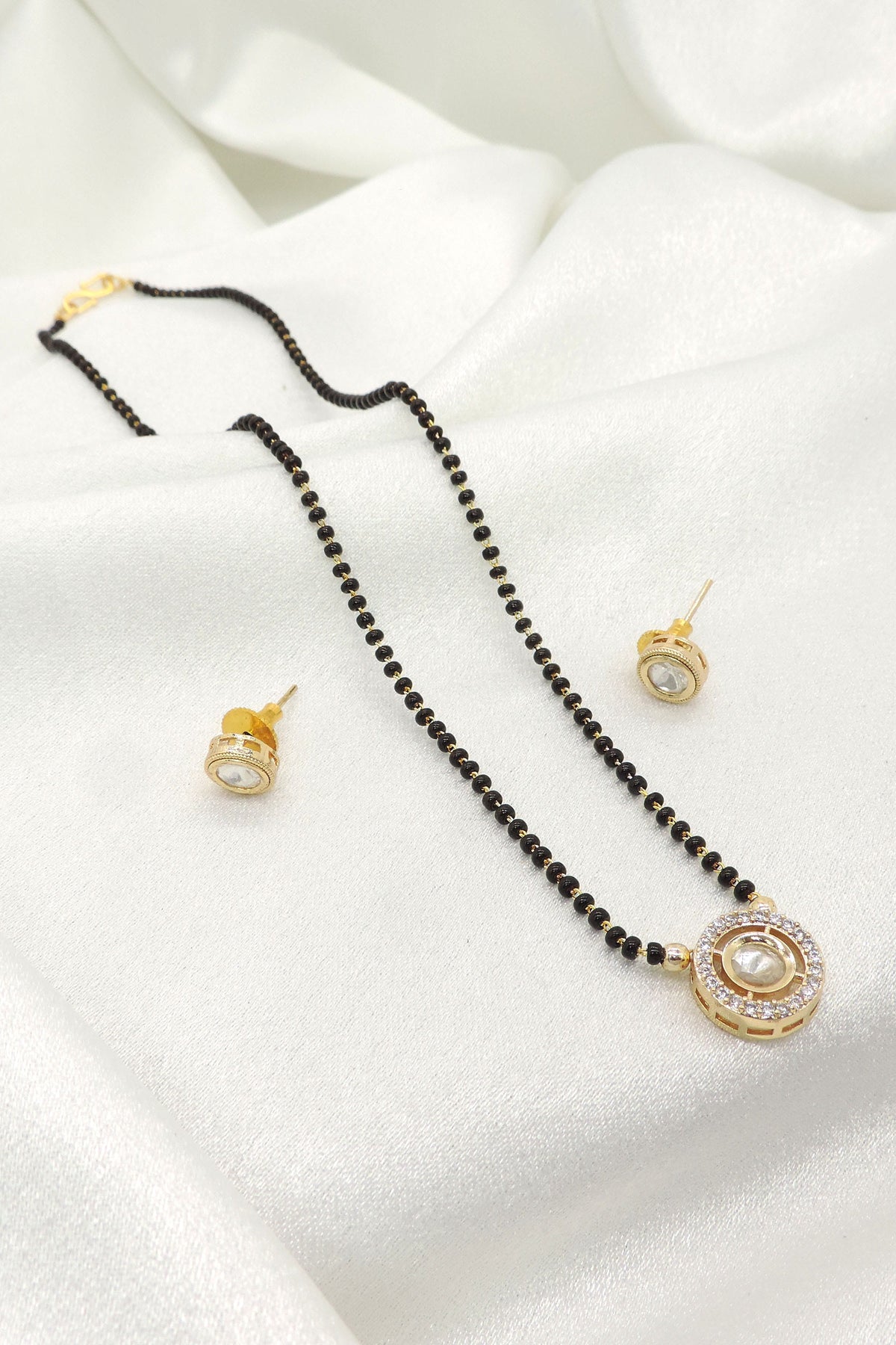 Elegant Kundan Mangalsutra Set with CZ Halo Pendant | Gold Finish Necklace