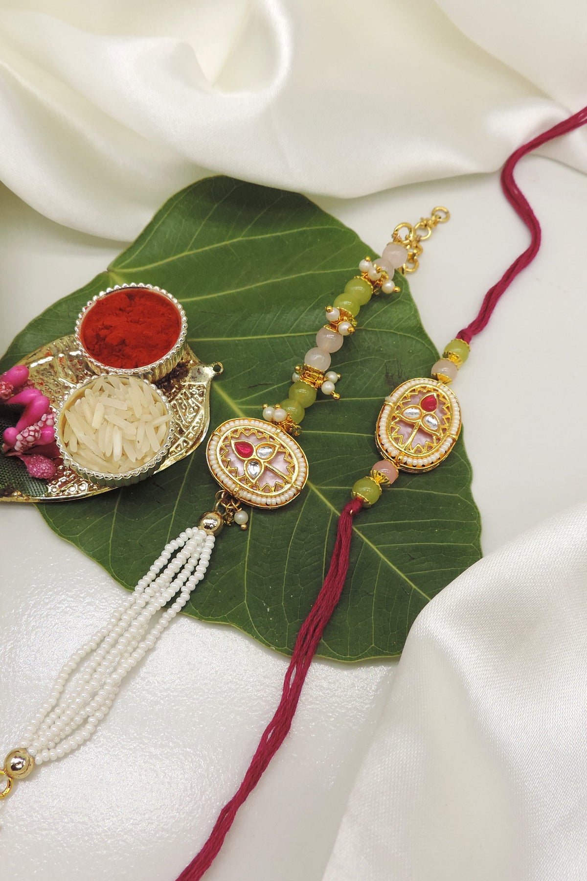 Baby Pink Kundan Bhaiya Bhabhi Rakhi Set