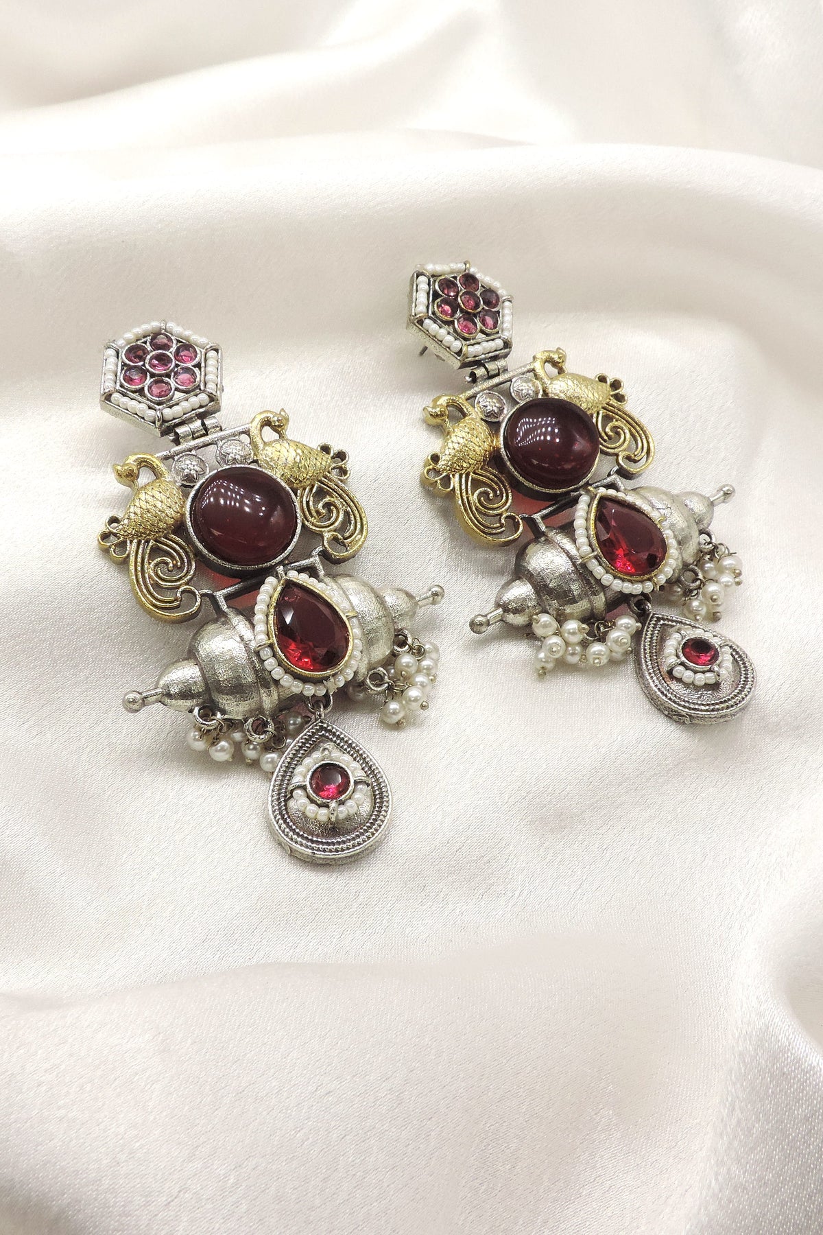 Ruby Peacock Pearl Drop Earrings by Joyrias