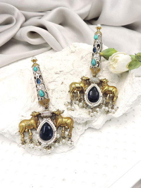 Dual tone Nandi motif black stone oxidized earrings – Indian festive earrings – Joyrias