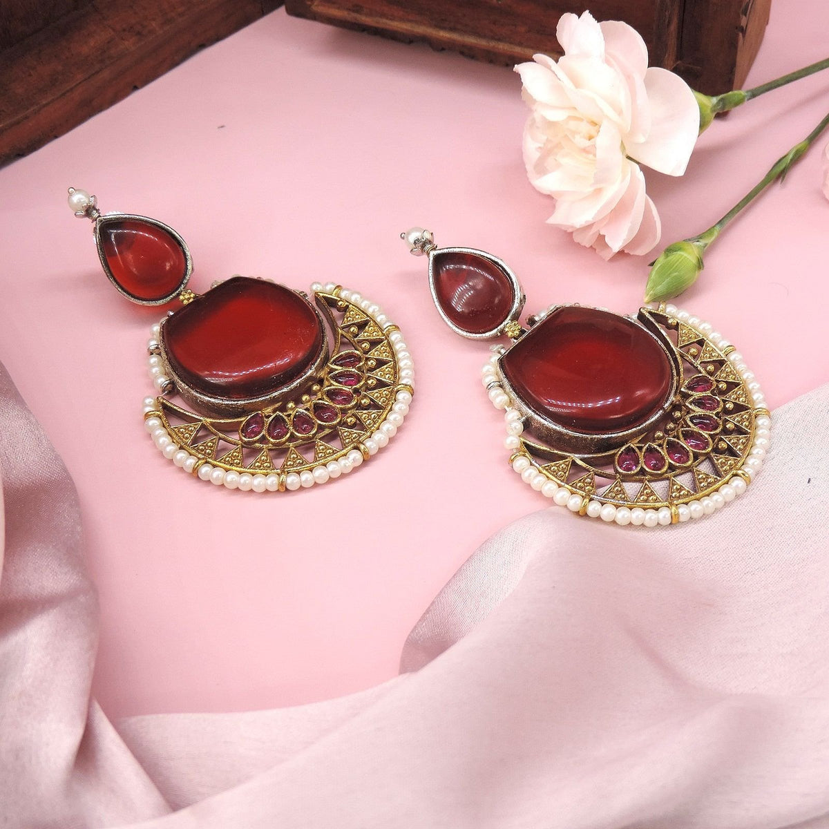 Oxidized red stone chandbali earrings – Indian traditional chandbali earrings for ethnic wear – Joyrias