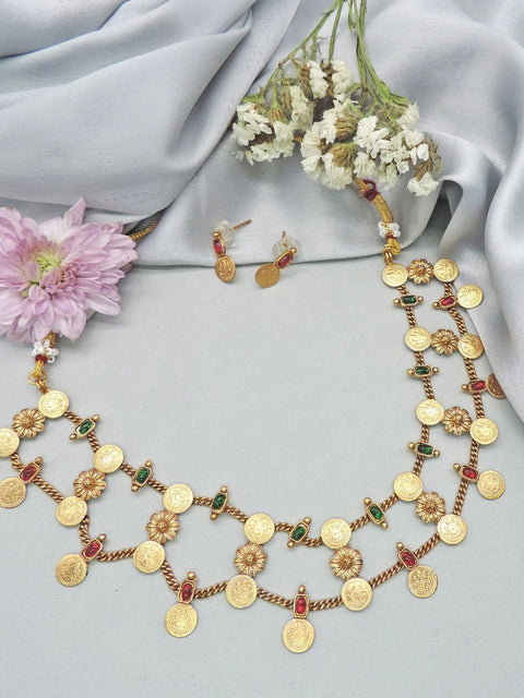 Antique gold plated double layer coin necklace set with ruby and emerald accents – Indian temple jewelry USA – Joyrias