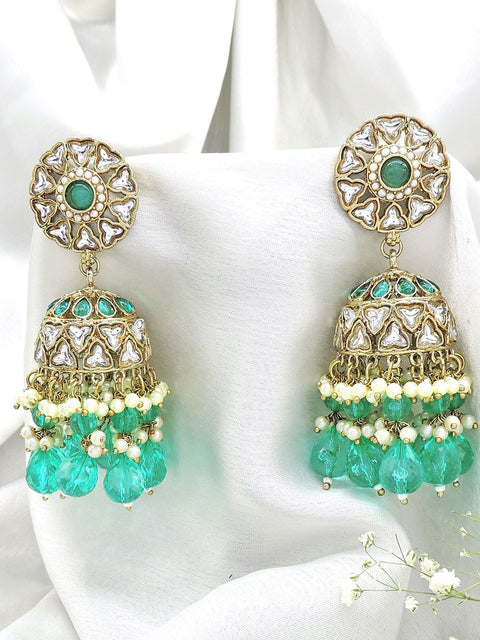 Kundan jhumka earrings with sage green beads – Indian Kundan sage green jhumka USA – Joyrias