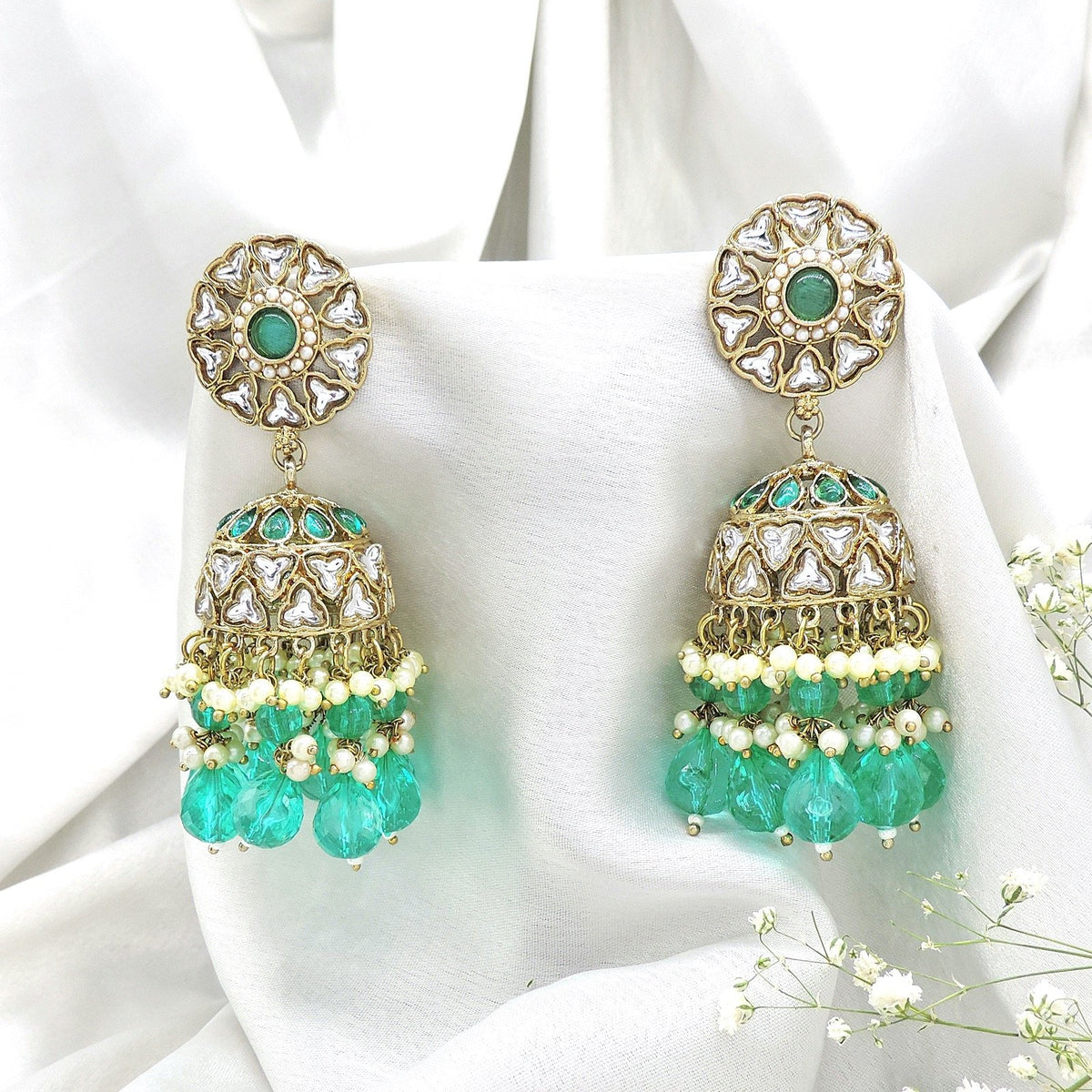 Kundan jhumka earrings with sage green beads – Indian Kundan sage green jhumka USA – Joyrias