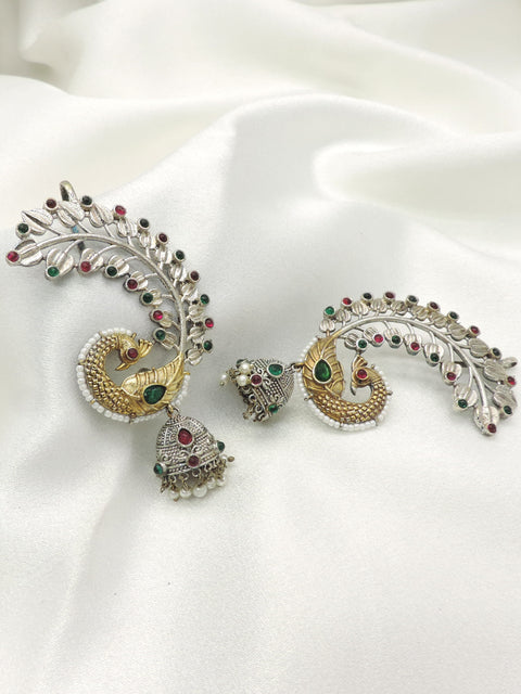 Dual tone peacock ear cuff jhumka earrings with pearl detailing