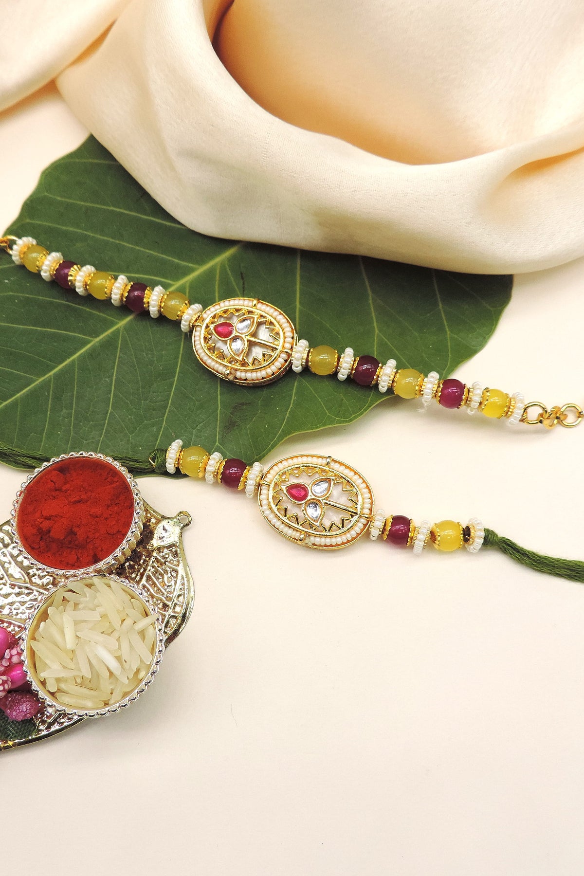 Baby Pink Kundan Bhaiya Bhabhi Rakhi Set