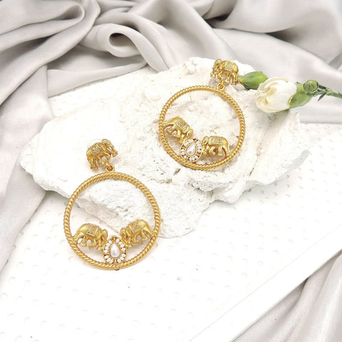 Antique gold elephant hoop earrings with pearl accent – Indian ethnic earrings USA – Joyrias