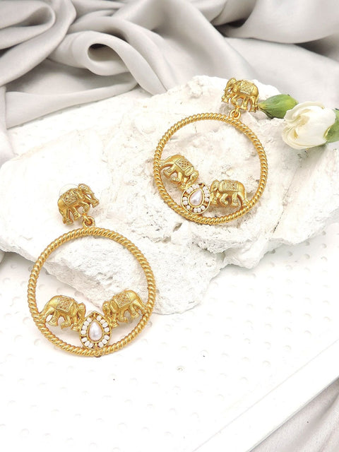 Antique gold elephant hoop earrings with pearl accent – Indian ethnic earrings USA – Joyrias