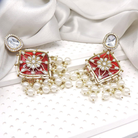 Royal red Kundan pearl statement earrings – Indian Kundan chandbali jhumka USA – Joyrias