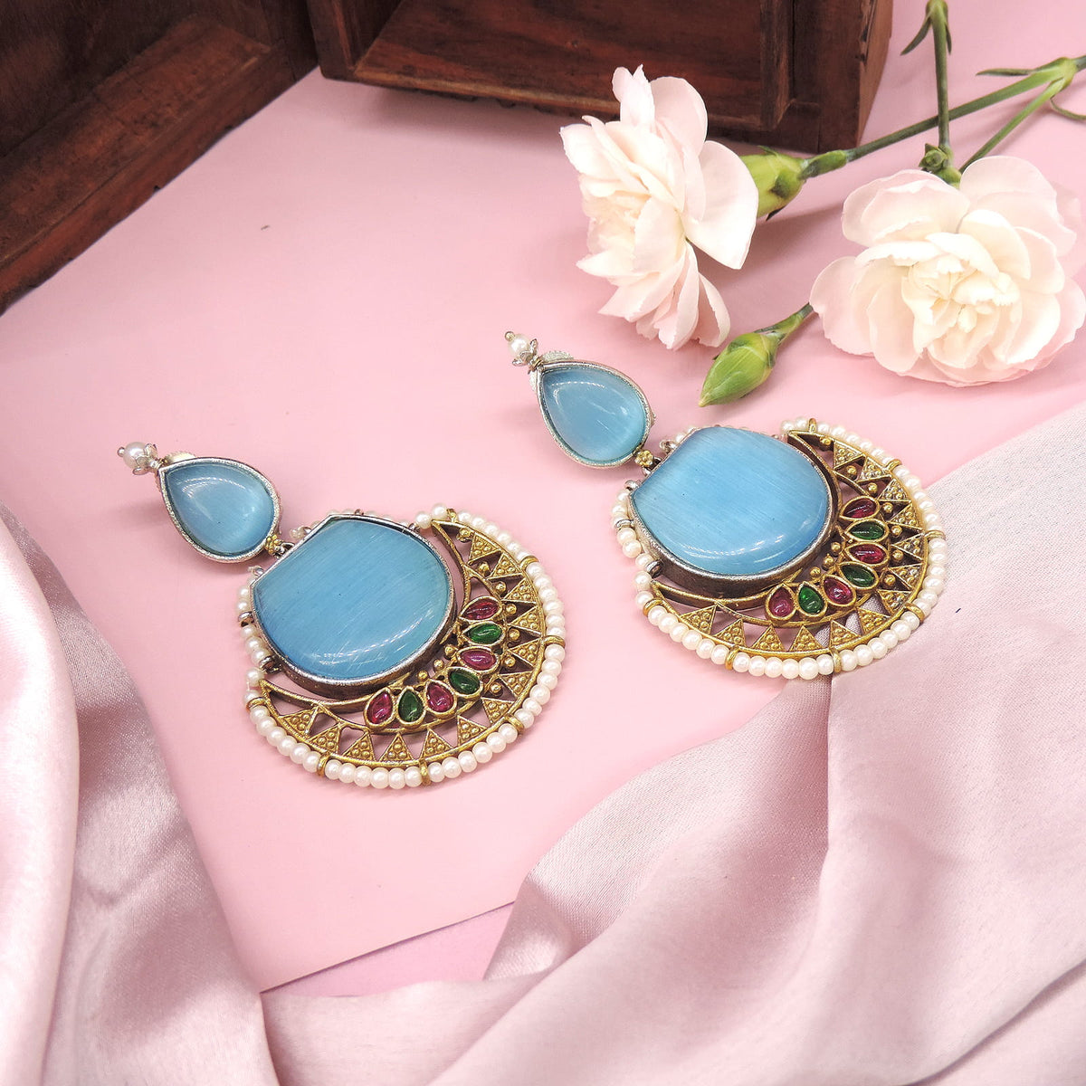 Oxidized aqua blue chandbali earrings – traditional Indian earrings for ethnic wear – Joyrias
