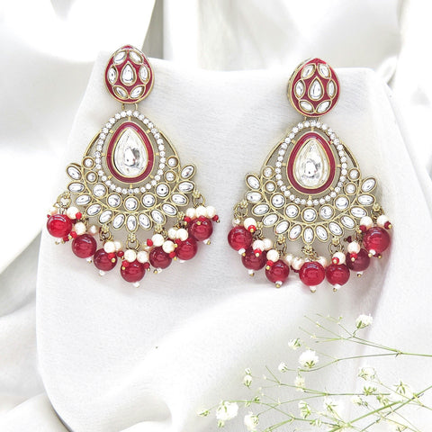 Polki earrings with red beads – Indian Polki red bead earrings for festive wear USA – Joyrias