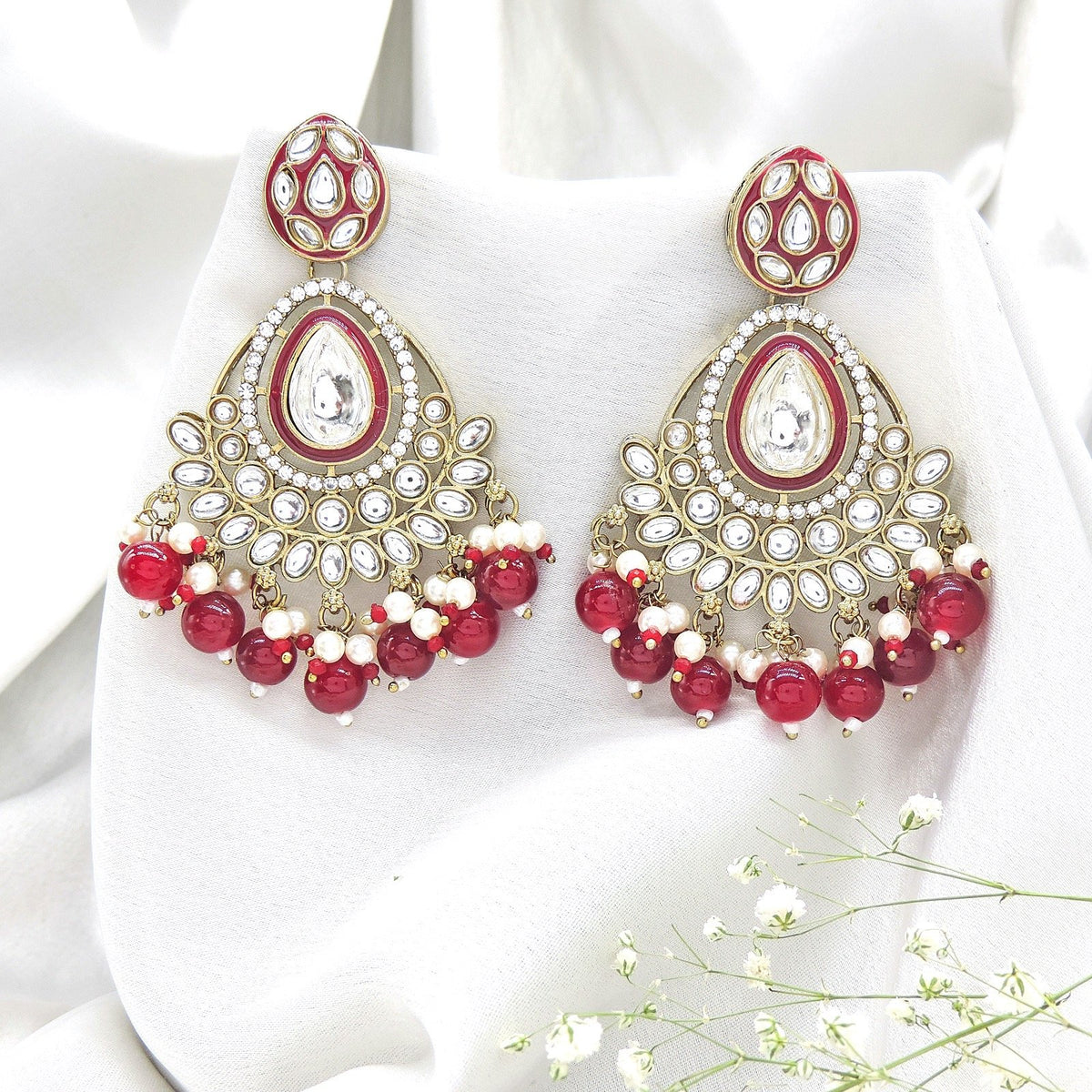 Polki earrings with red beads – Indian Polki red bead earrings for festive wear USA – Joyrias