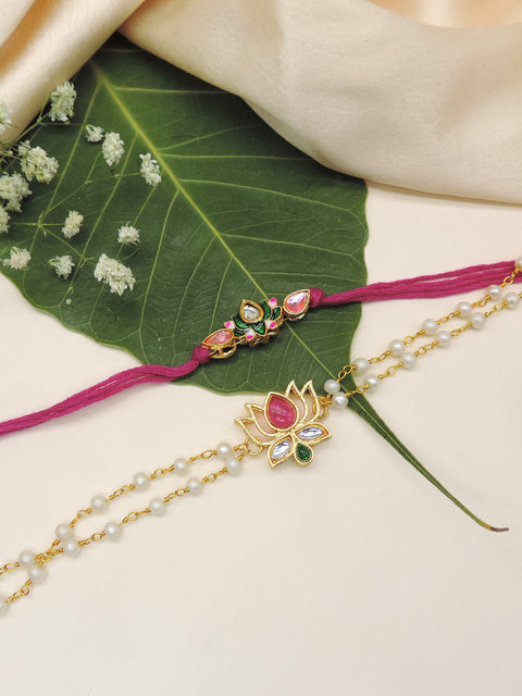 Kundan Lotus Bhaiya Bhabhi Rakhi Set
