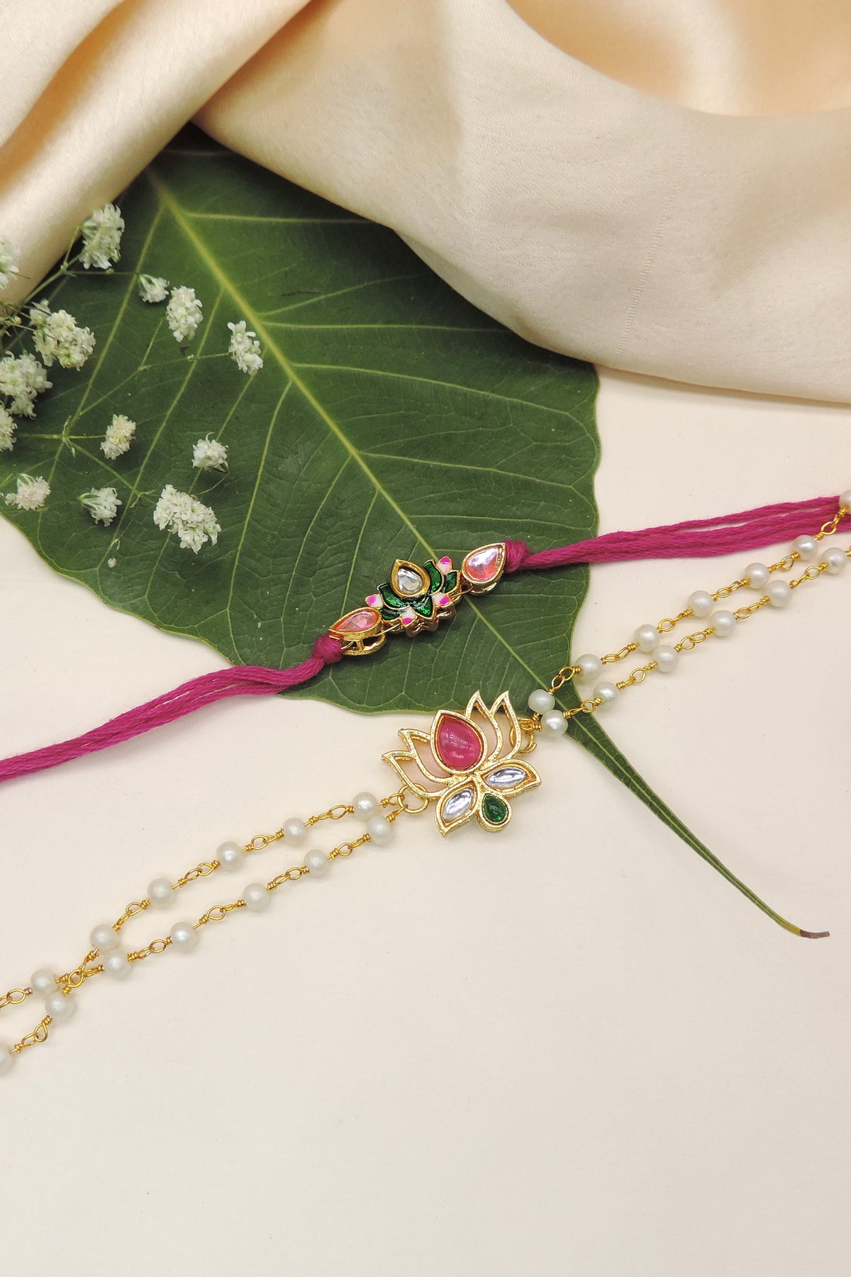 Kundan Lotus Bhaiya Bhabhi Rakhi Set