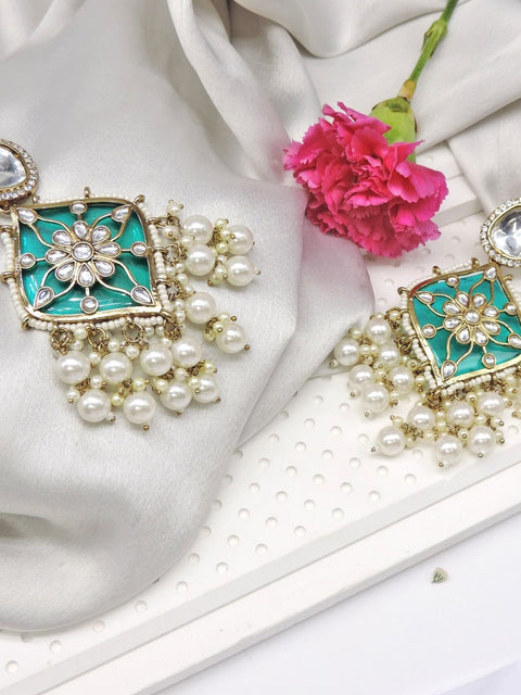 Emerald teal Kundan pearl statement earrings – Indian Kundan chandbali jhumka USA – Joyrias