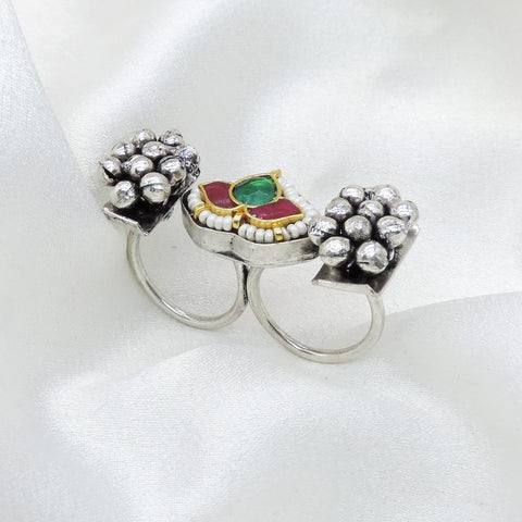 Oxidized green maroon CZ AD ring with pearl detailing and antique silver bead clusters from joyrias