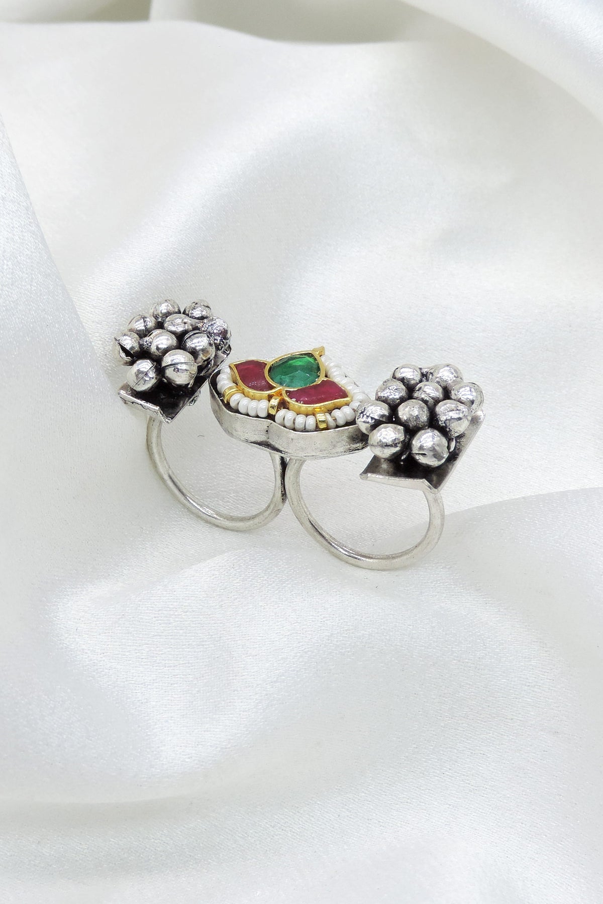 Oxidized green maroon CZ AD ring with pearl detailing and antique silver bead clusters from joyrias