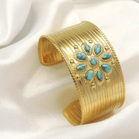 Gold Turquoise Wide Cuff Bracelet by Joyrias