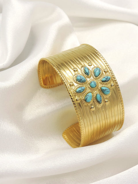 Gold Turquoise Wide Cuff Bracelet by Joyrias