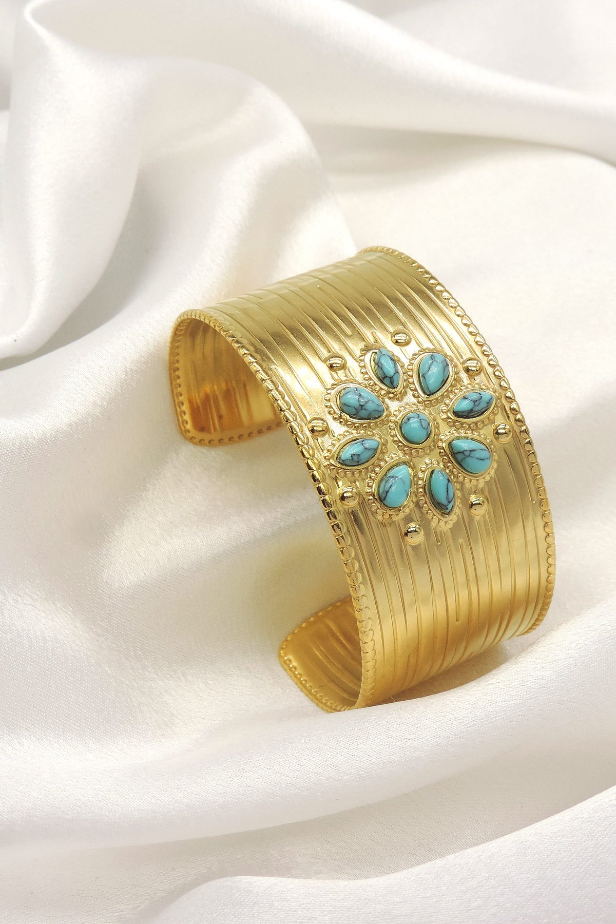 Gold Turquoise Wide Cuff Bracelet by Joyrias