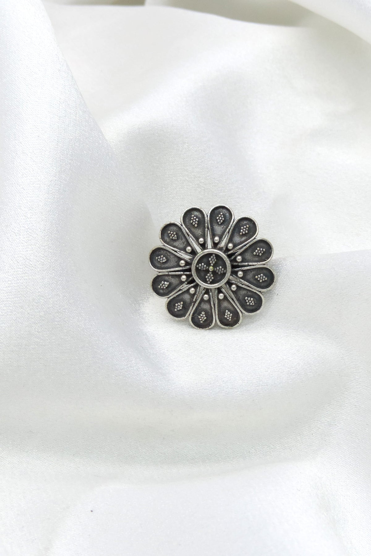 Oxidized silver floral petal traditional ring by joyrias