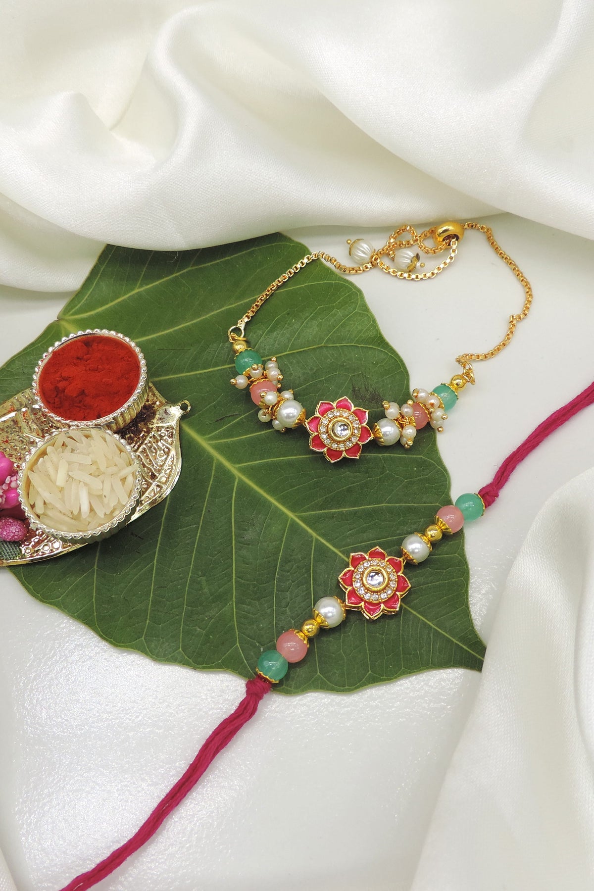 Floral Meenakari Kundan Bead Bhaiya Bhabhi Rakhi Set