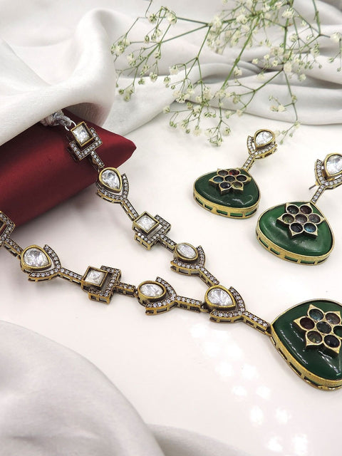 Green enamel Kundan necklace set with earrings – Indian ethnic jewelry USA – Joyrias
