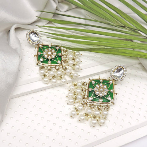 Royal emerald Kundan pearl statement earrings – Indian Kundan bridal earrings USA – Joyrias