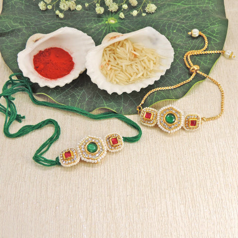 Emerald Kundan Bhaiya Bhabhi Rakhi Set by Joyrias