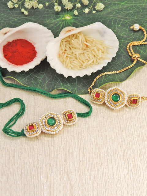 Emerald Kundan Bhaiya Bhabhi Rakhi Set by Joyrias