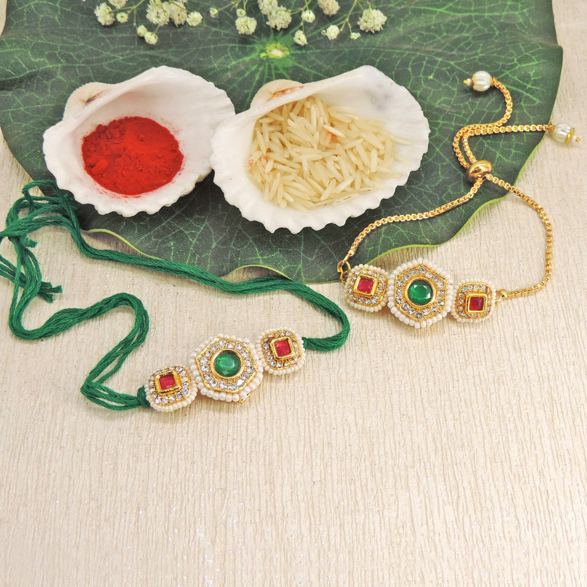 Emerald Kundan Bhaiya Bhabhi Rakhi Set by Joyrias